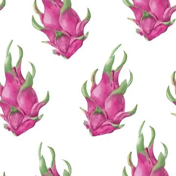 Seamless pattern with dragon fruit. Watercolor hand drawn illustration of pink Stock Illustration