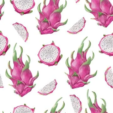 Seamless pattern with dragon fruit. Watercolor hand drawn illustration of pink Stock Illustration