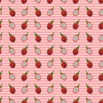 Seamless pattern with dragon fruit on white and pink striped background Stock Illustration