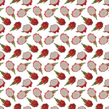 Seamless pattern with dragon fruit on white background. Stock Illustration