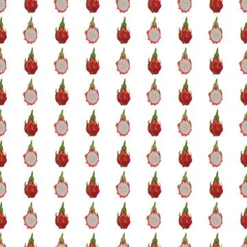 Seamless pattern with dragon fruit on white background. Stock Illustration