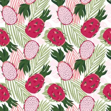 Seamless pattern dragon fruit on white background. Colorful exotic fruit and  스톡 일러스트