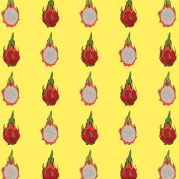 Seamless pattern with dragon fruit on yellow background. Stock Illustration
