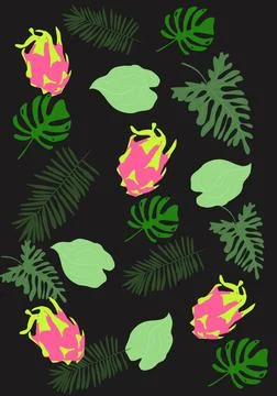 Seamless pattern with dragon-fruits, and palm leaves on black background Stock Illustration