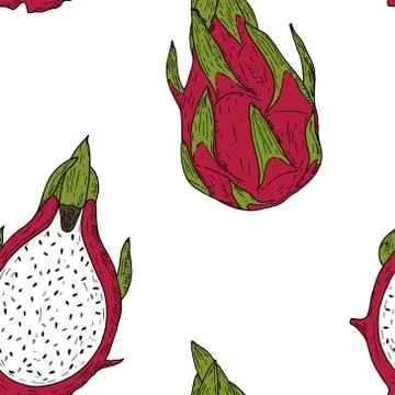Seamless pattern of dragon fruits. Vector cartoon background. Stock Illustration