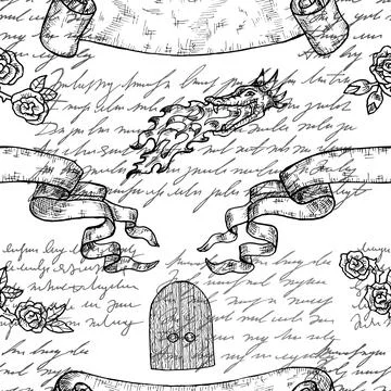 Seamless pattern with dragon head, unredable hand written text Stock Illustration