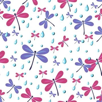 Seamless pattern with dragonflies and rain drops Stock Illustration