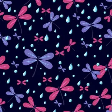 Seamless pattern dragonflies on a dark background, illustration, cute backgro Stock Illustration