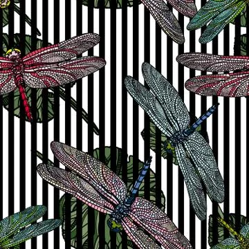 Seamless pattern with dragonfly and leaves. Illustrazione stock