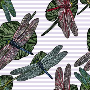 Seamless pattern with dragonfly and leaves. Stock Illustration