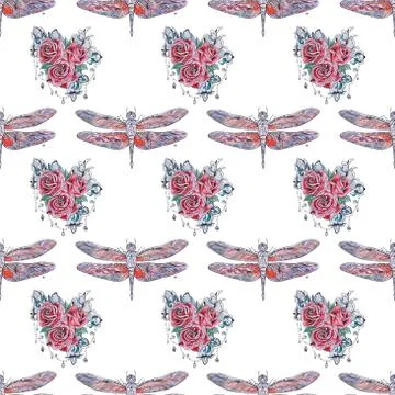 Seamless pattern dragonfly and red roses on a white background. Stock Illustration