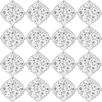 Seamless pattern dragonfly butterfly doodle flowers, traditional geometric da Stock Illustration