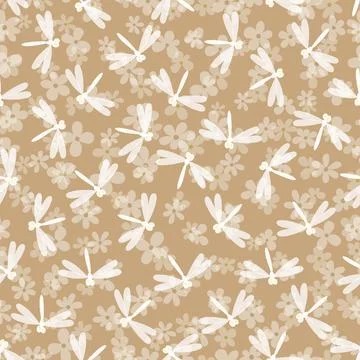 Seamless pattern with dragonfly on color background. Romantic vector Stock Illustration