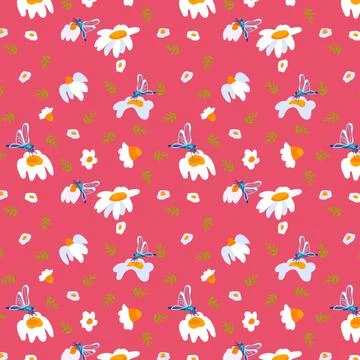 Seamless pattern dragonfly flower Pink background wild flowers poster banner Stock Illustration