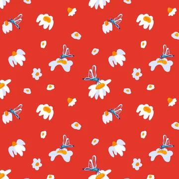 Seamless pattern dragonfly flower Red background wild flowers poster banner Stock Illustration