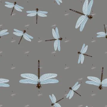 Seamless Pattern with dragonfly s and dandelion seeds. Dragonfly background. Stock Illustration