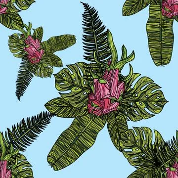 Seamless pattern with dragonfruit or pitahaya and tropical leaves. Illustrazione stock