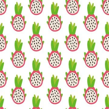 Seamless Pattern with dragonfruit. Summer pitahaya food background. Stock Illustration
