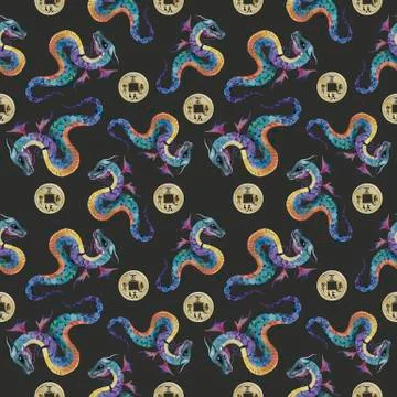 Seamless pattern with dragons and chinese elements: house, lanterns, fish Stock Illustration
