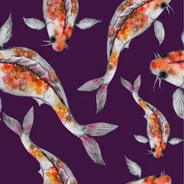 Seamless pattern with dragons and chinese elements: house, lanterns, fish Stock Illustration
