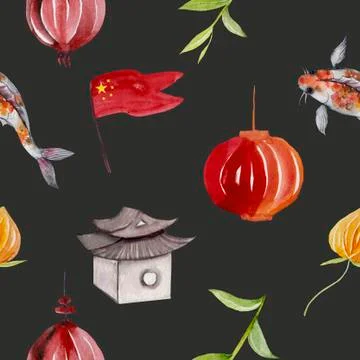 Seamless pattern with dragons and chinese elements: house, lanterns, fish Stock Illustration