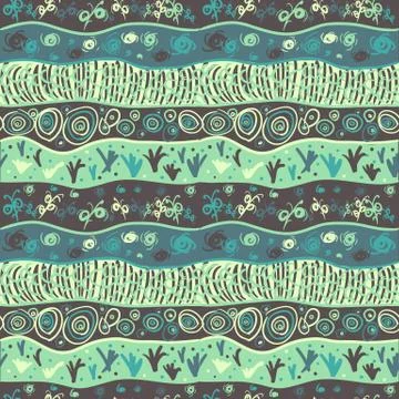 Seamless pattern with drawing abstract waves, grass and sun 스톡 일러스트