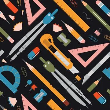 Seamless pattern with Drawing and graphics tools on black background, cartoon Stock Illustration