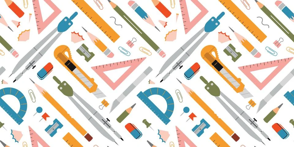 Seamless pattern with Drawing and graphics tools on white background, cartoon Stock Illustration