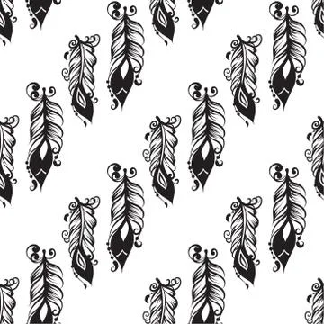 Seamless pattern with drawing of feathers Stock Illustration