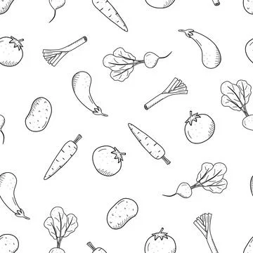 Seamless Pattern of drawing vegetables in doodle style. A set of vector illus Stock Illustration
