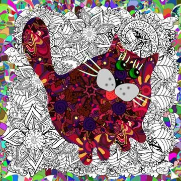Seamless pattern drawing zentangle cat for coloring page, shirt design effect. C Stock-Illustration