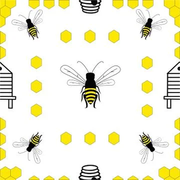 Seamless pattern of drawn bees and beehives. Stock Illustration