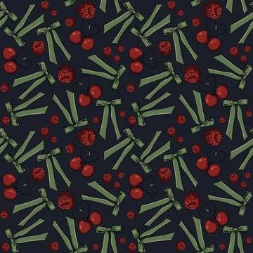Seamless pattern with drawn elements, cherries, raspberries, green bows Stock Illustration