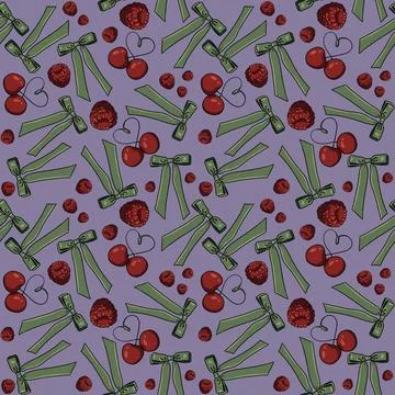 Seamless pattern with drawn elements, cherries, raspberries, green bows Stock Illustration