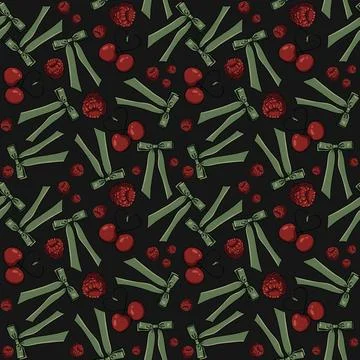 Seamless pattern with drawn elements, cherries, raspberries, green bows Illustrazione stock