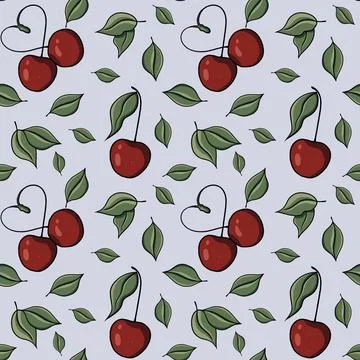 Seamless pattern with drawn elements, cherry, heart, green leaves  Stock Illustration
