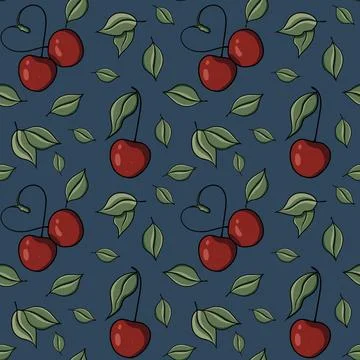 Seamless pattern with drawn elements, cherry, heart, green leaves  Stock Illustration