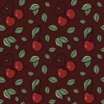 Seamless pattern with drawn elements, cherry, heart, green leaves  Stock Illustration