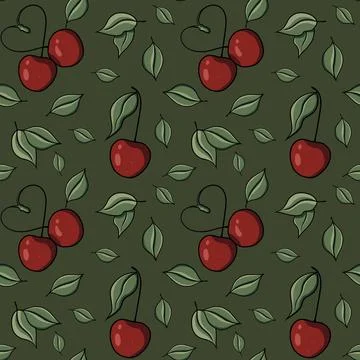 Seamless pattern with drawn elements, cherry, heart, green leaves  Stock Illustration
