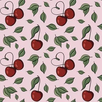 Seamless pattern with drawn elements, cherry, heart, green leaves  Stock Illustration