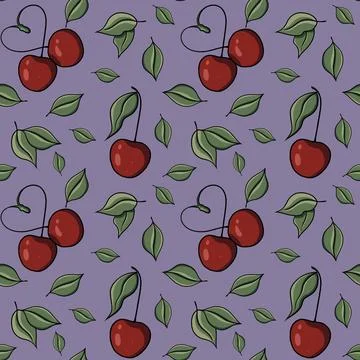 Seamless pattern with drawn elements, cherry, heart, green leaves  库存插图