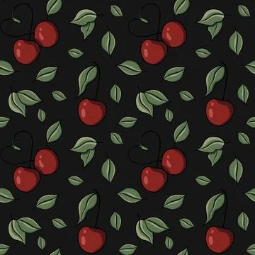 Seamless pattern with drawn elements, cherry, heart, green leaves  Stock Illustration