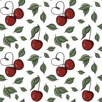 Seamless pattern with drawn elements, cherry, heart, green leaves  Stock Illustration