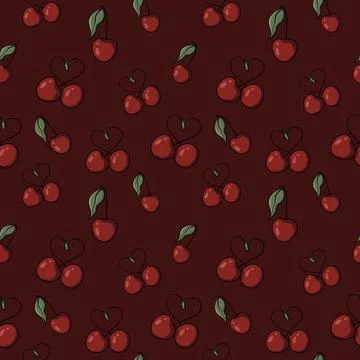 Seamless pattern with drawn elements, cherry, heart, green leaves  Stock Illustration