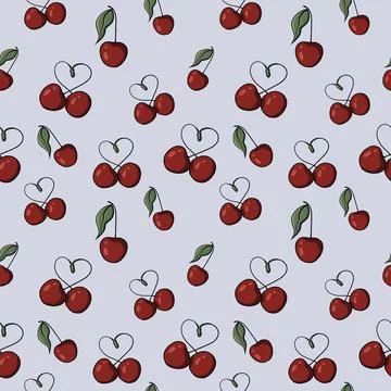 Seamless pattern with drawn elements, cherry, heart, green leaves  Stock Illustration