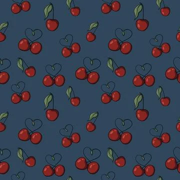 Seamless pattern with drawn elements, cherry, heart, green leaves  Stock Illustration
