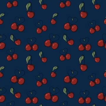 Seamless pattern with drawn elements, cherry, heart, green leaves  Stock Illustration