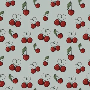 Seamless pattern with drawn elements, cherry, heart, green leaves  Stock Illustration