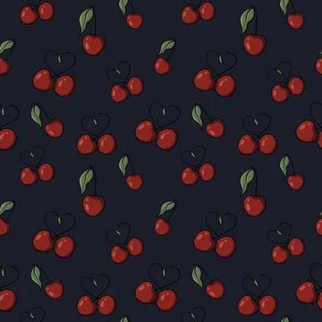 Seamless pattern with drawn elements, cherry, heart, green leaves  Stock Illustration