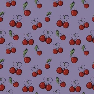 Seamless pattern with drawn elements, cherry, heart, green leaves  Stock Illustration